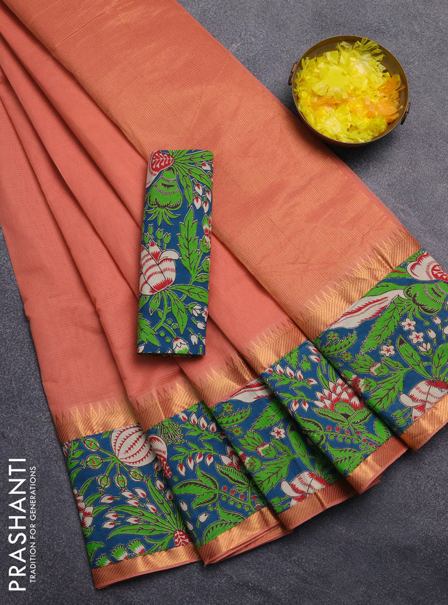Mangalagiri cotton saree peach shade and teal green with plain body and rettapet zari woven kalamkari border