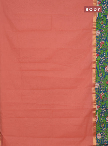 Mangalagiri cotton saree peach shade and teal green with plain body and rettapet zari woven kalamkari border