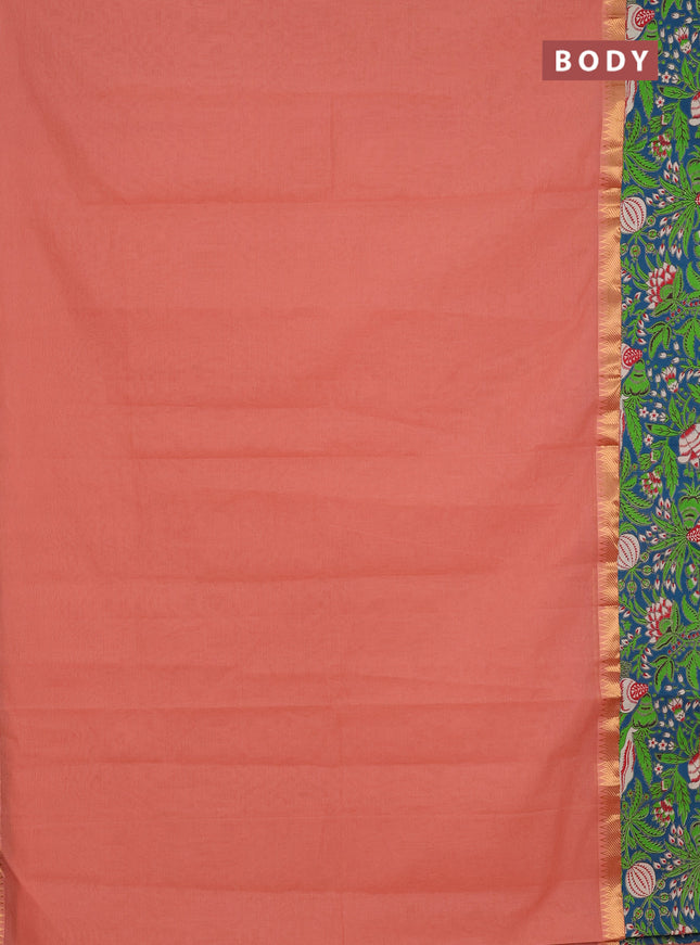 Mangalagiri cotton saree peach shade and teal green with plain body and rettapet zari woven kalamkari border