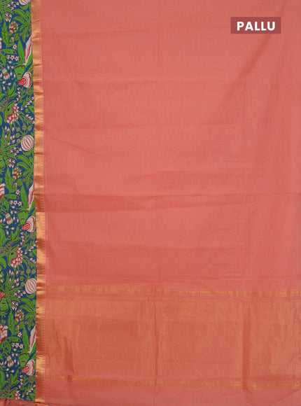 Mangalagiri cotton saree peach shade and teal green with plain body and rettapet zari woven kalamkari border