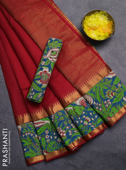 Mangalagiri cotton saree red and teal green with plain body and rettapet zari woven kalamkari border