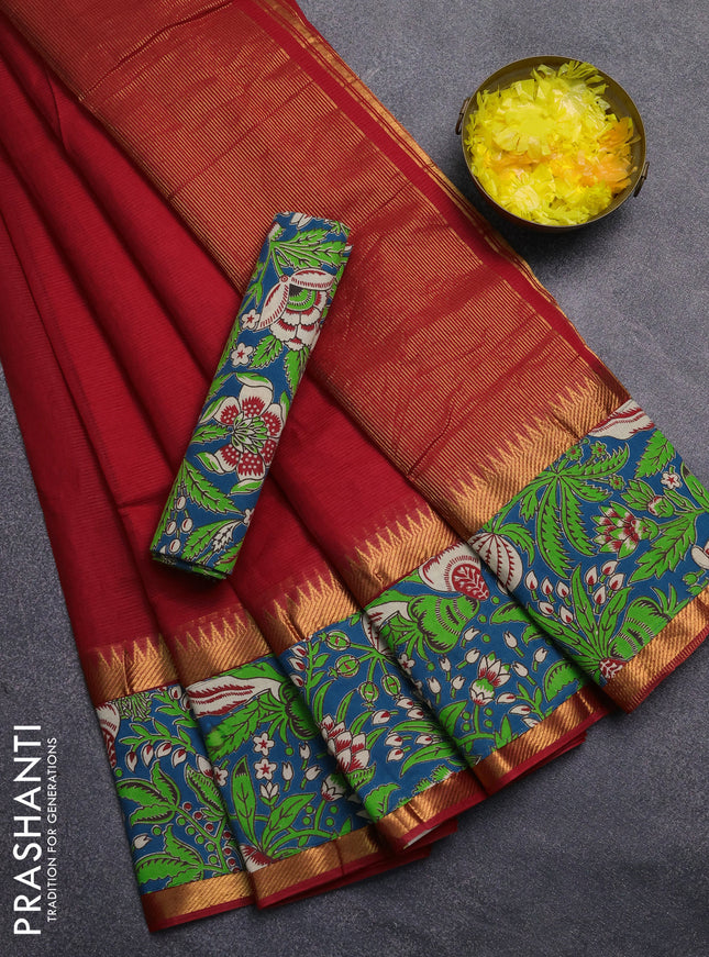 Mangalagiri cotton saree red and teal green with plain body and rettapet zari woven kalamkari border