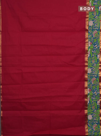 Mangalagiri cotton saree red and teal green with plain body and rettapet zari woven kalamkari border