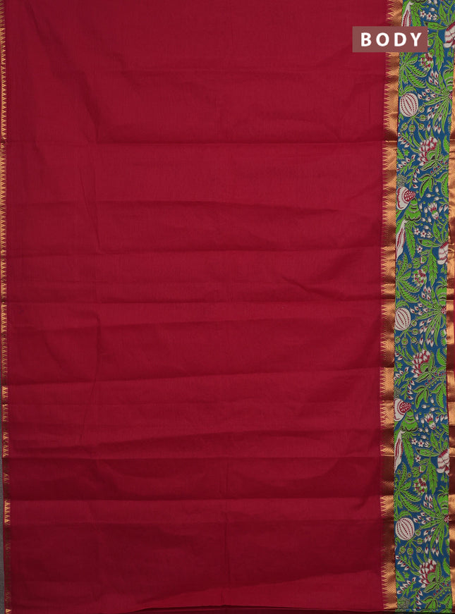 Mangalagiri cotton saree red and teal green with plain body and rettapet zari woven kalamkari border