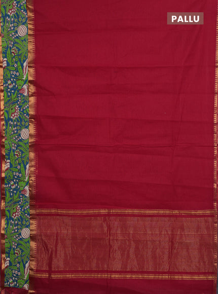 Mangalagiri cotton saree red and teal green with plain body and rettapet zari woven kalamkari border