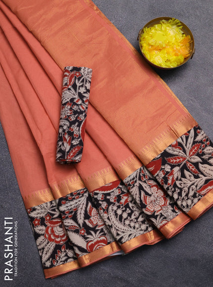 Mangalagiri cotton saree peach shade and black with plain body and rettapet zari woven kalamkari border