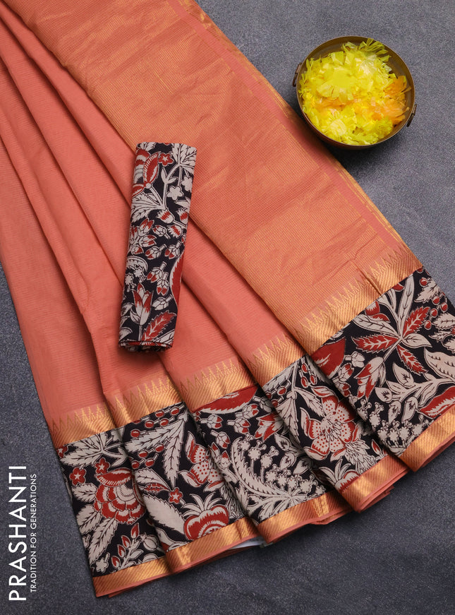 Mangalagiri cotton saree peach shade and black with plain body and rettapet zari woven kalamkari border