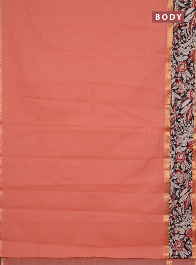 Mangalagiri cotton saree peach shade and black with plain body and rettapet zari woven kalamkari border