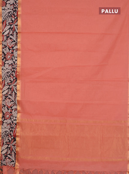 Mangalagiri cotton saree peach shade and black with plain body and rettapet zari woven kalamkari border