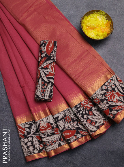 Mangalagiri cotton saree maroon and black with plain body and rettapet zari woven kalamkari border