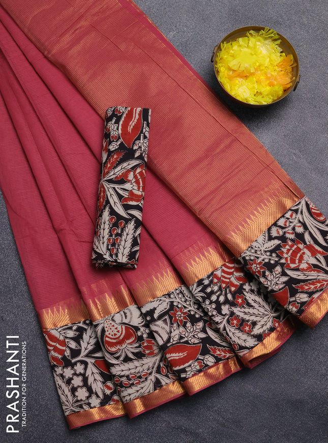 Mangalagiri cotton saree maroon and black with plain body and rettapet zari woven kalamkari border