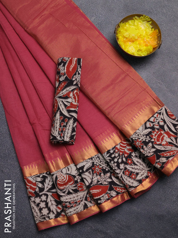 Mangalagiri cotton saree maroon and black with plain body and rettapet zari woven kalamkari border