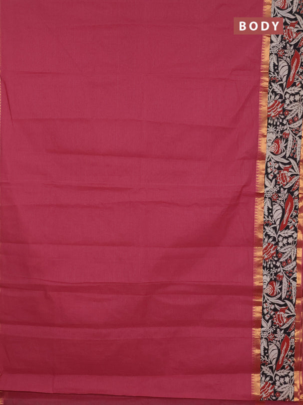 Mangalagiri cotton saree maroon and black with plain body and rettapet zari woven kalamkari border