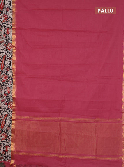 Mangalagiri cotton saree maroon and black with plain body and rettapet zari woven kalamkari border