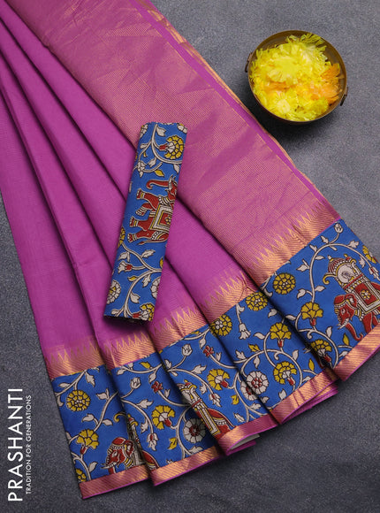 Mangalagiri cotton saree purple and blue with plain body and rettapet zari woven kalamkari border