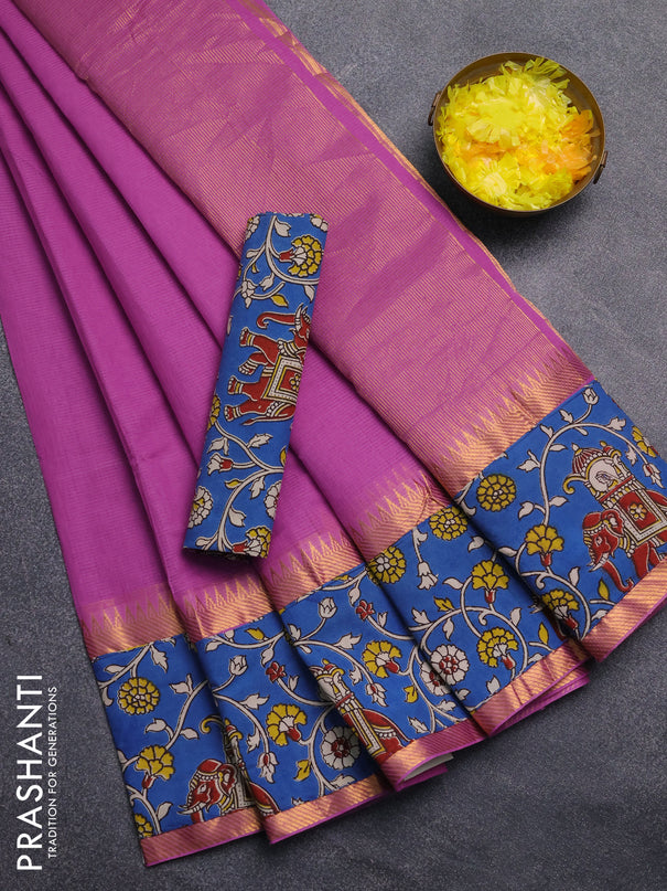 Mangalagiri cotton saree purple and blue with plain body and rettapet zari woven kalamkari border