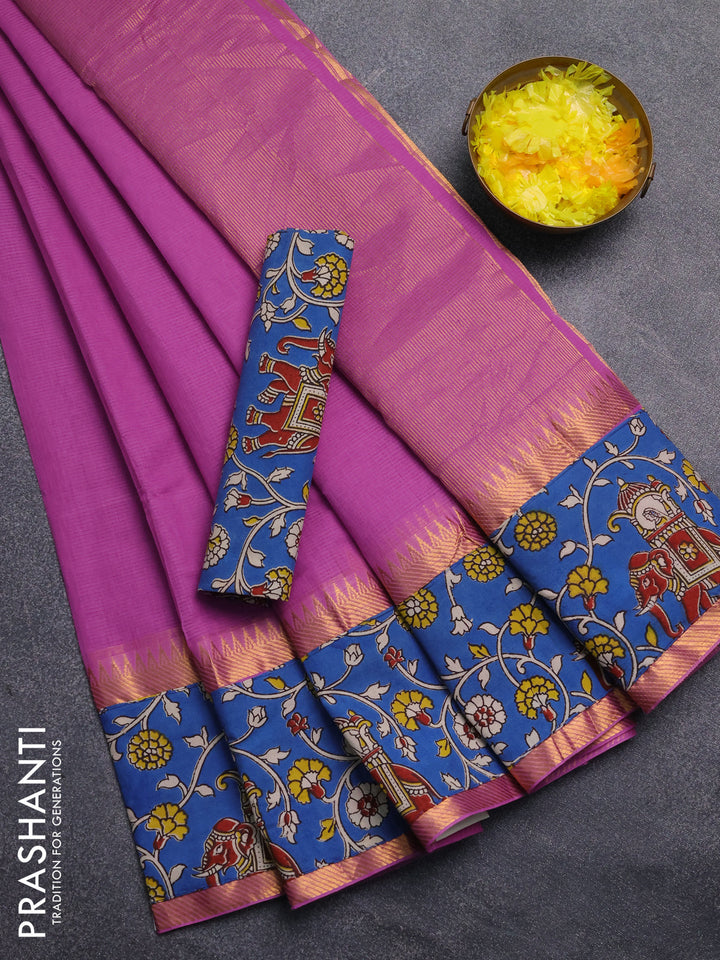 Mangalagiri cotton saree purple and blue with plain body and rettapet zari woven kalamkari border