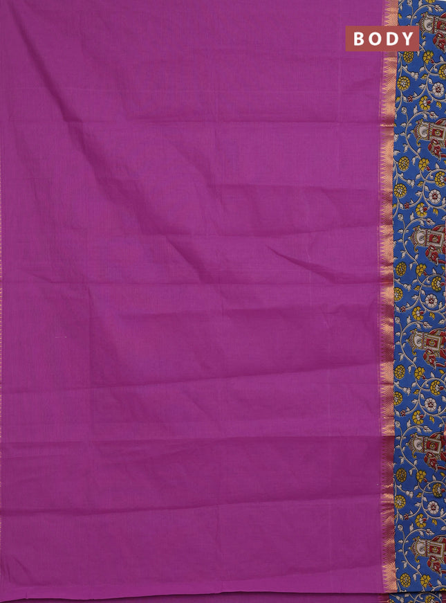 Mangalagiri cotton saree purple and blue with plain body and rettapet zari woven kalamkari border