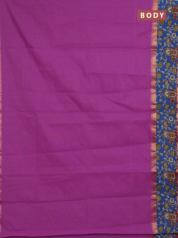Mangalagiri cotton saree purple and blue with plain body and rettapet zari woven kalamkari border