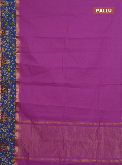 Mangalagiri cotton saree purple and blue with plain body and rettapet zari woven kalamkari border