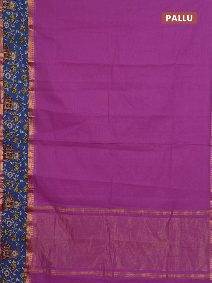 Mangalagiri cotton saree purple and blue with plain body and rettapet zari woven kalamkari border