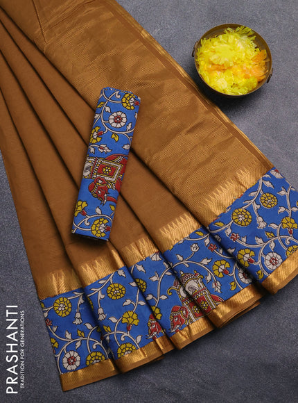 Mangalagiri cotton saree sandal and blue with plain body and rettapet zari woven kalamkari border