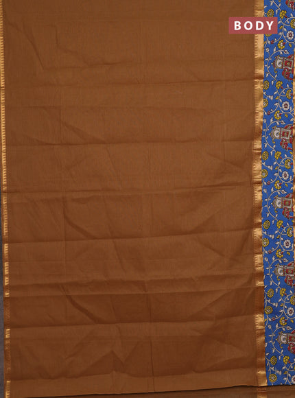 Mangalagiri cotton saree sandal and blue with plain body and rettapet zari woven kalamkari border