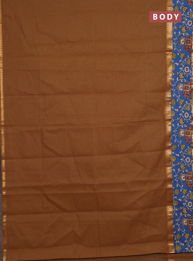 Mangalagiri cotton saree sandal and blue with plain body and rettapet zari woven kalamkari border