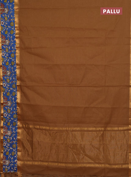 Mangalagiri cotton saree sandal and blue with plain body and rettapet zari woven kalamkari border