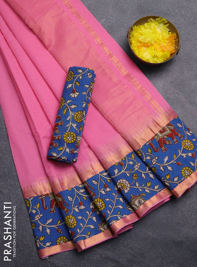 Mangalagiri cotton saree peach pink and blue with plain body and rettapet zari woven kalamkari border