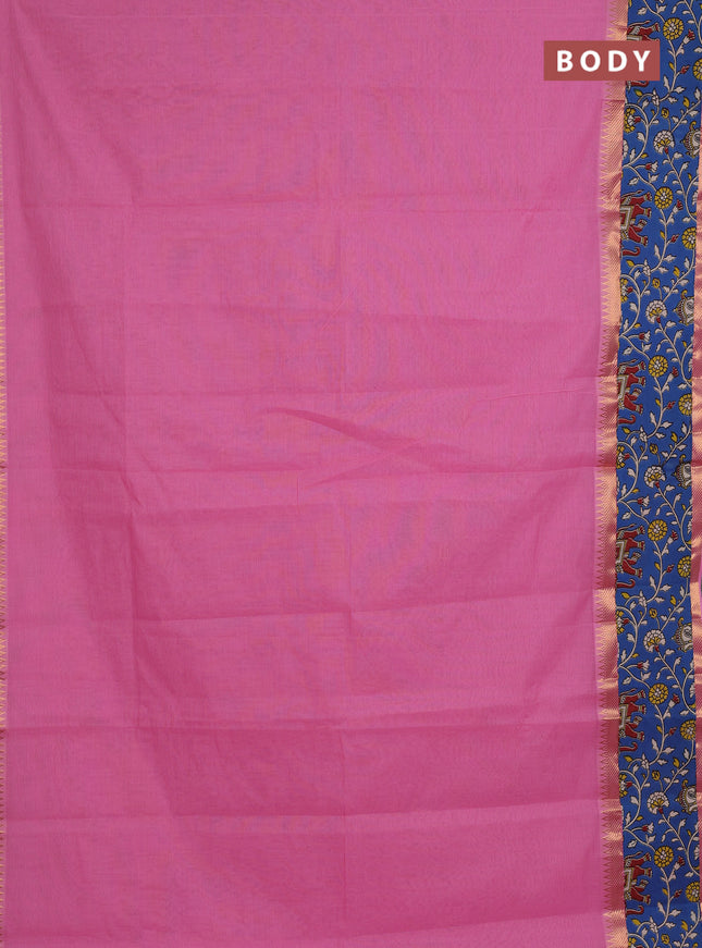 Mangalagiri cotton saree peach pink and blue with plain body and rettapet zari woven kalamkari border
