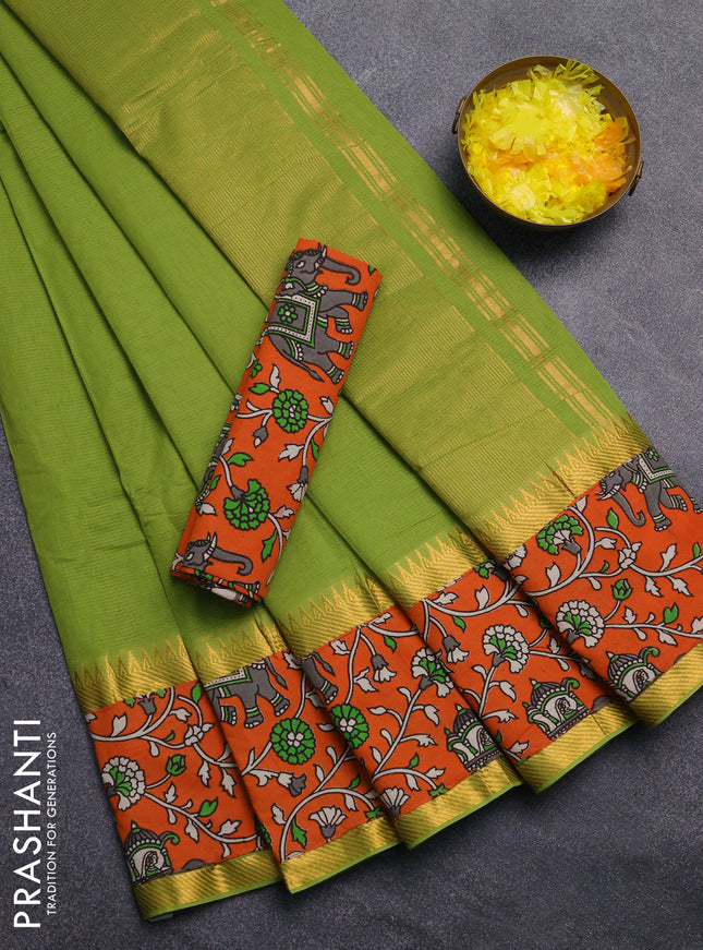 Mangalagiri cotton saree light green and orange with plain body and rettapet zari woven kalamkari border