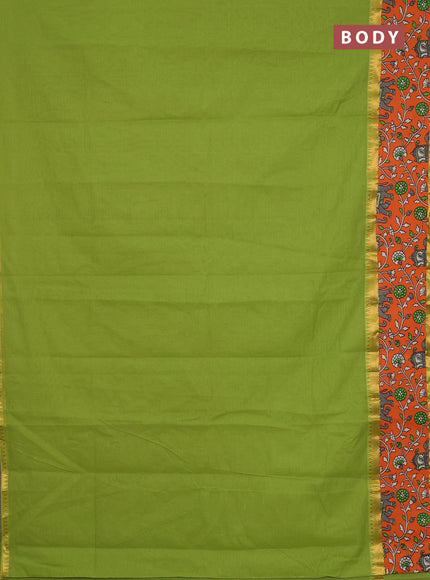 Mangalagiri cotton saree light green and orange with plain body and rettapet zari woven kalamkari border
