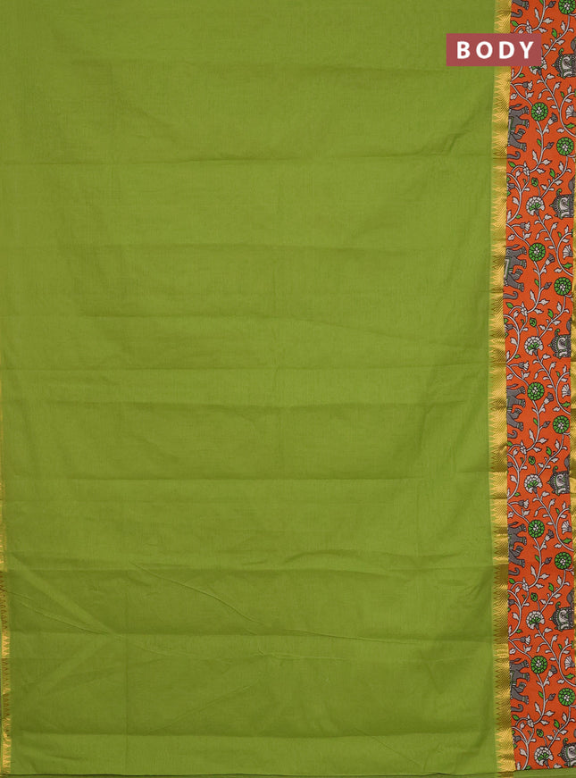 Mangalagiri cotton saree light green and orange with plain body and rettapet zari woven kalamkari border