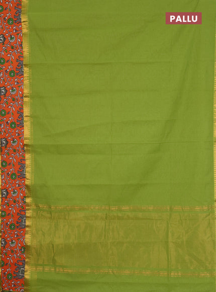 Mangalagiri cotton saree light green and orange with plain body and rettapet zari woven kalamkari border