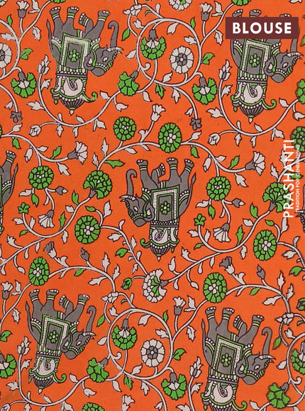 Mangalagiri cotton saree light green and orange with plain body and rettapet zari woven kalamkari border