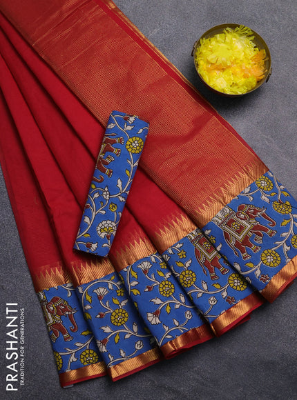 Mangalagiri cotton saree red and blue with plain body and rettapet zari woven kalamkari border
