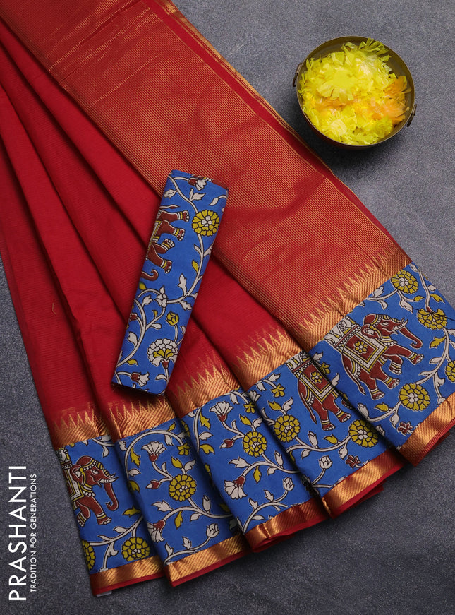 Mangalagiri cotton saree red and blue with plain body and rettapet zari woven kalamkari border