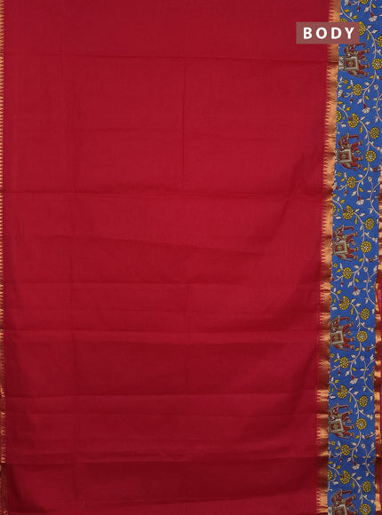 Mangalagiri cotton saree red and blue with plain body and rettapet zari woven kalamkari border