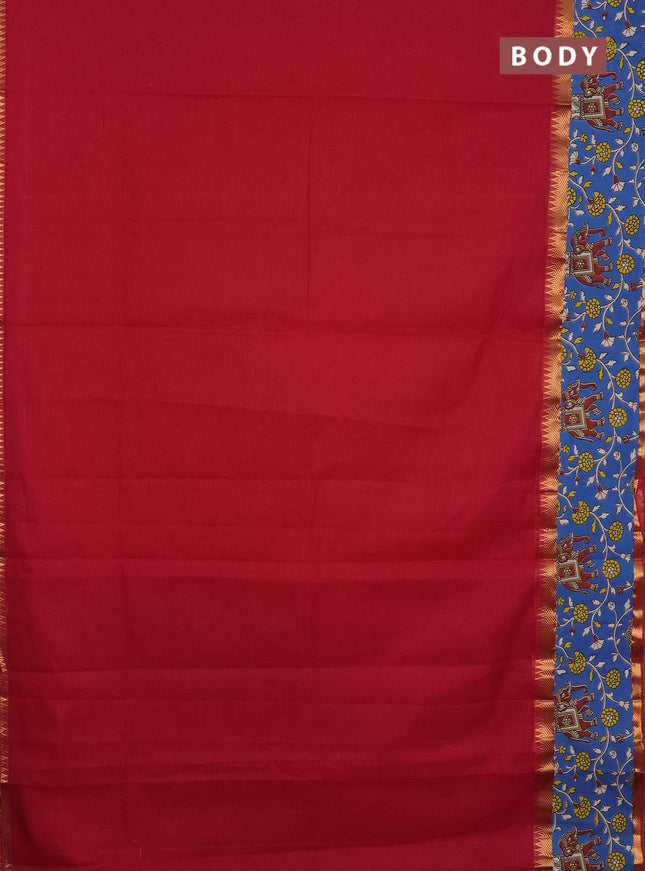 Mangalagiri cotton saree red and blue with plain body and rettapet zari woven kalamkari border