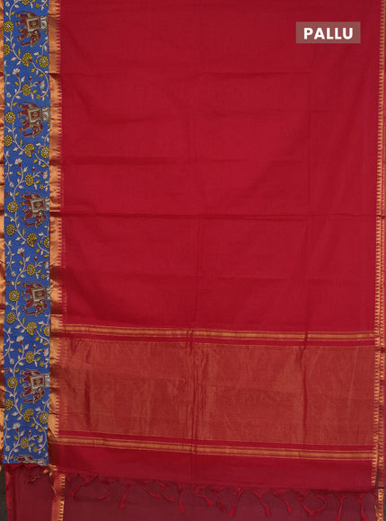 Mangalagiri cotton saree red and blue with plain body and rettapet zari woven kalamkari border