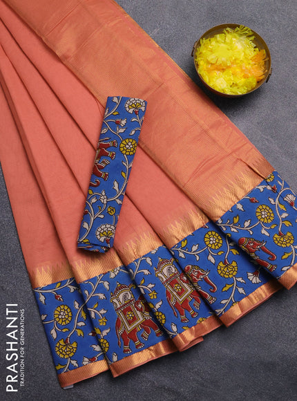 Mangalagiri cotton saree peach shade and blue with plain body and rettapet zari woven kalamkari border