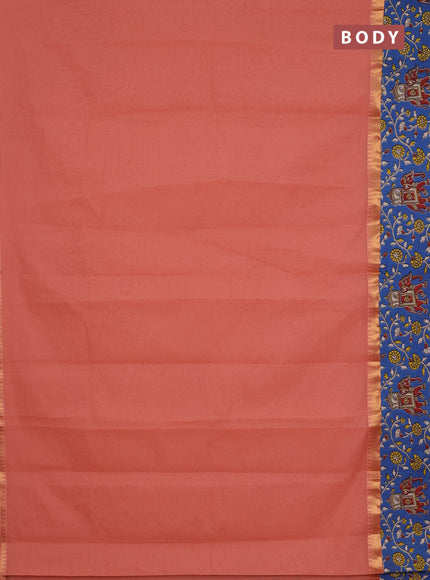 Mangalagiri cotton saree peach shade and blue with plain body and rettapet zari woven kalamkari border