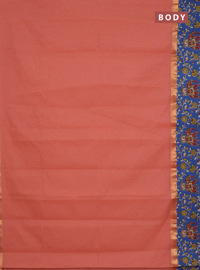 Mangalagiri cotton saree peach shade and blue with plain body and rettapet zari woven kalamkari border