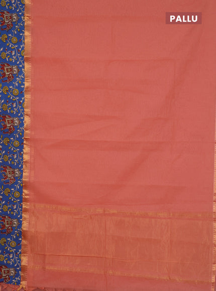 Mangalagiri cotton saree peach shade and blue with plain body and rettapet zari woven kalamkari border