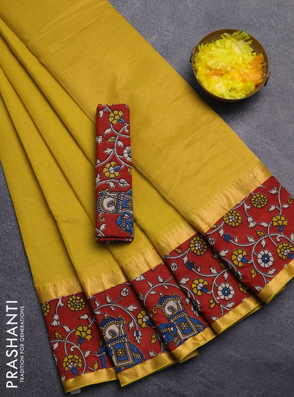 Mangalagiri cotton saree mustard green and maroon with plain body and rettapet zari woven kalamkari border