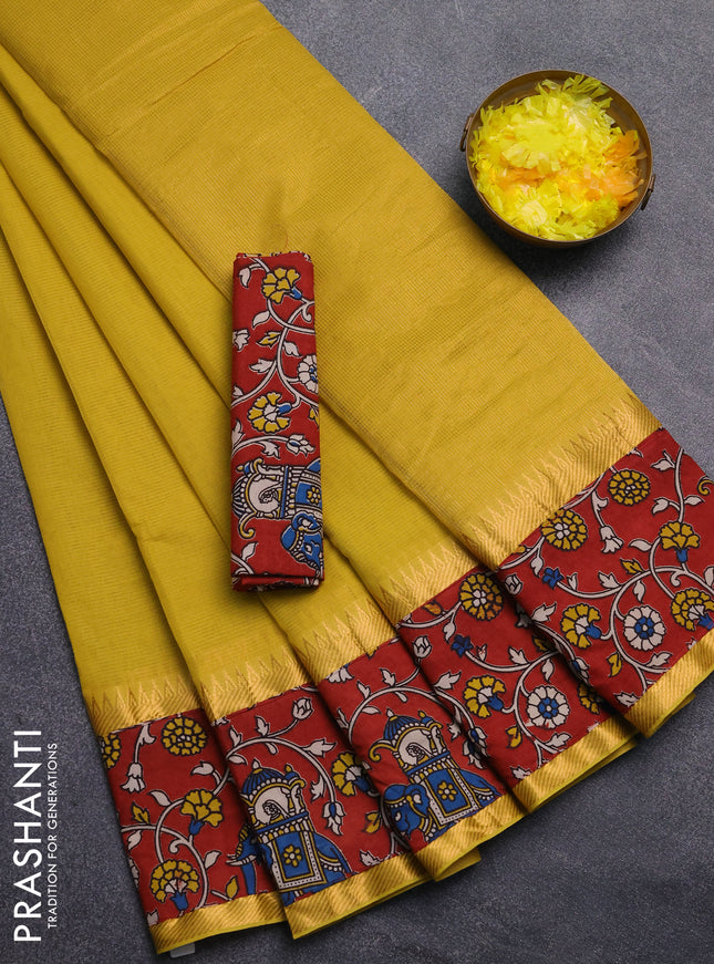 Mangalagiri cotton saree mustard green and maroon with plain body and rettapet zari woven kalamkari border