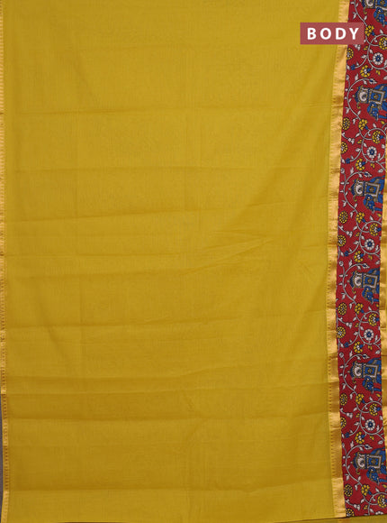 Mangalagiri cotton saree mustard green and maroon with plain body and rettapet zari woven kalamkari border