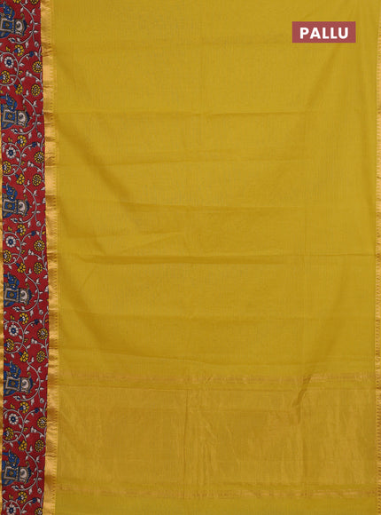 Mangalagiri cotton saree mustard green and maroon with plain body and rettapet zari woven kalamkari border