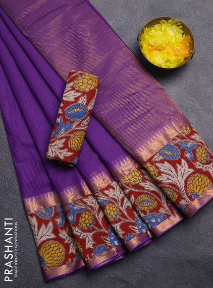 Mangalagiri cotton saree violet and maroon with plain body and rettapet zari woven kalamkari border